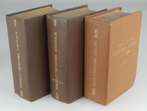 Wisden Cricketers’ Almanack 1926, 1927 and 1928. 63rd, 64th & 65th editions. All three bound in brown boards, with original paper wrappers, title and date in gilt to spine. The 1926 and 1928 editions wrappers are worn and have lost some printed text, the 