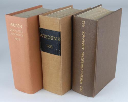 Wisden Cricketers’ Almanack 1932, 1933 and 1934. 69th, 70th & 71st editions. All three bound in varied brown boards, with original paper wrappers, title and date in gilt to spine. The 1932 edition with wear and some loss to wrappers, a tired copy, the 193