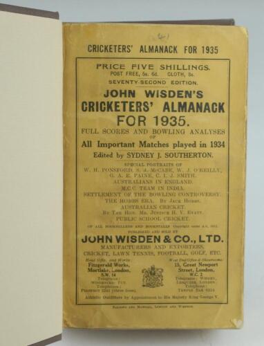 Wisden Cricketers’ Almanack 1935. 72nd edition. Bound in brown boards, with original paper wrappers, title and date in gilt to spine. Some wear to wrappers otherwise in good condition