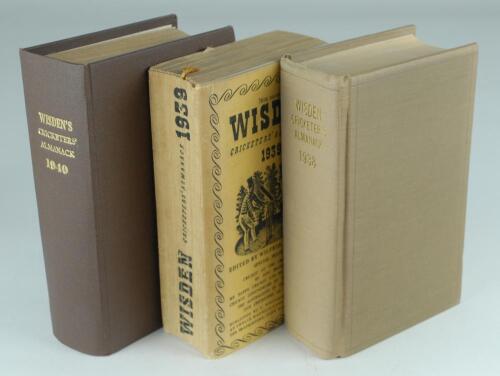 Wisden Cricketers’ Almanack 1938, 1939 and 1940. 75th, 76th & 77th editions. The 1938 and 1940 editions bound in brown boards, with original cloth covers, title and date in gilt to spine, the 1939 edition in original cloth covers. the 1938 edition in good