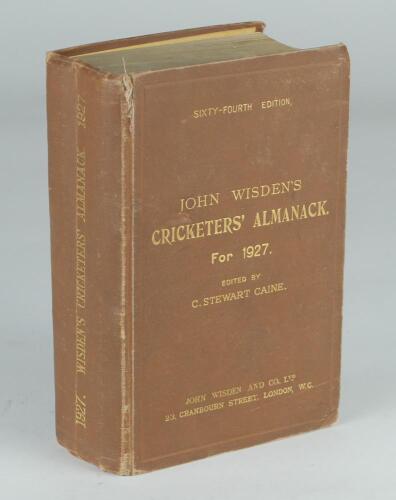 Wisden Cricketers’ Almanack 1927. 64th edition. Original hardback. Wear to boards and spine paper, surface bump indentation to front board, bumping to corners, creasing to spine paper, splitting to the top of the front board where it meets the spine, brea