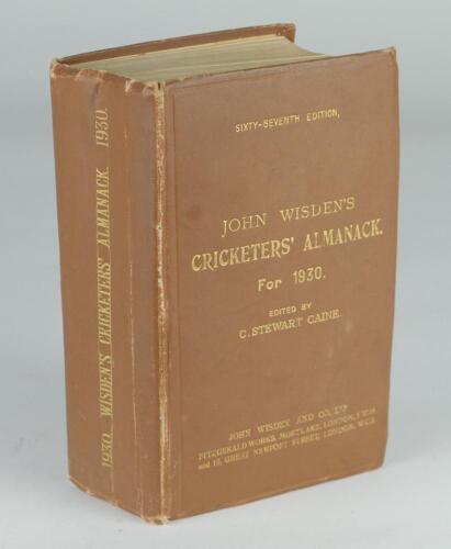 Wisden Cricketers’ Almanack 1930. 67th edition. Original hardback. Wrinkling, creasing and wear to spine paper, some surface marks and general wear to boards otherwise in generally good/very good condition with bright gilt titles