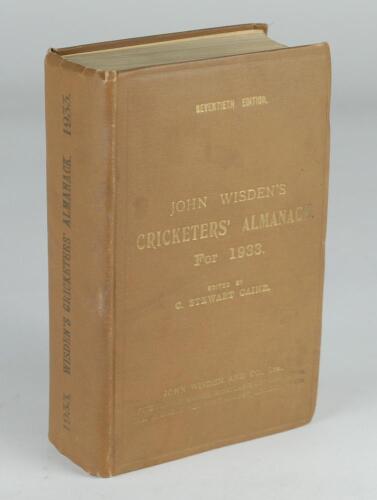 Wisden Cricketers’ Almanack 1933. 70th edition. Original hardback. Some general wear to boards and spine, dulling to gilt titles on front board and spine otherwise in good/very good condition