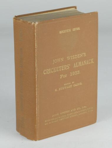 Wisden Cricketers’ Almanack 1933. 70th edition. Original hardback. Some very minor wear to boards, almost total loss of gilt titles to spine, some slight dulling to the titles on the front board, odd minor faults otherwise in good/very good condition