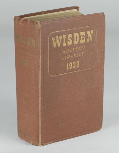 Wisden Cricketers&rsquo; Almanack 1938. 75th edition. Original hardback. Wear to boards and spine paper, dulling to gilt titles, breaking to front internal hinge, wear to head and base of spine paper, some soiling to page block otherwise in good condition