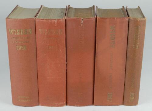 Wisden Cricketers&rsquo; Almanack 1946, 1947, 1948, 1949 and 1950. Original hardback editions. The 1946 with worn and stained boards, internally good, the 1947 with worn boards, dulling to gilt titles, wear to internal hinges, browning to pages, the 1948 editio