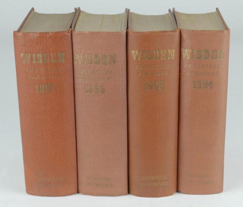 Wisden Cricketers&rsquo; Almanack 1954, 1955, 1956 and 1957. Original hardback editions. Some dulling to the gilt titles on the spine papers of all editions, the gilt titles to the front boards generally good, some bowing to the 1954 edition, some wrinkling to 