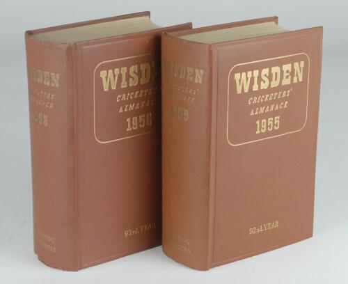 Wisden Cricketers&rsquo; Almanack 1955 and 1956. Original hardback editions. Some slight dulling to gilt titles on the spine of the 1955 edition, the 1956 edition with some slight dulling to gilt titles on the spine, some browning to the first advertising pages