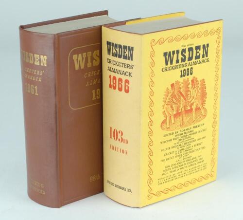Wisden Cricketers&rsquo; Almanack 1961 and 1966. Original hardback editions with dustwrapper. The 1961 edition with minor marks to boards otherwise in good/very good condition and the 1966 edition with minor mark to the top of the page block otherwise in good/v