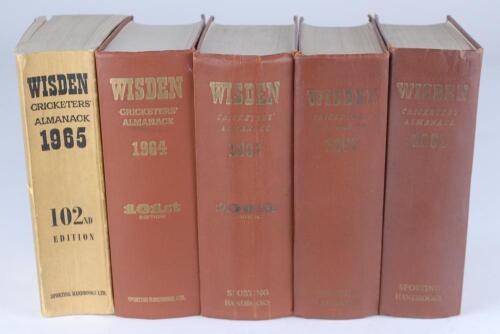 Wisden Cricketers&rsquo; Almanack 1961, 1962, 1963, 1964 and 1965. Original hardback editions with the exception of the 1965 edition which is a softback. All of the editions with dulled gilt titles to spine and to a lesser extent the front boards with the excep