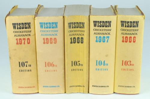 Wisden Cricketers&rsquo; Almanack 1966, 1967, 1968, 1969 and 1970. Original hardback editions with dustwrapper, with the exception of the 1968 edition which is a softback. Some faults to dustwrappers, all of the hardback editions in good condition, the 1968 edi
