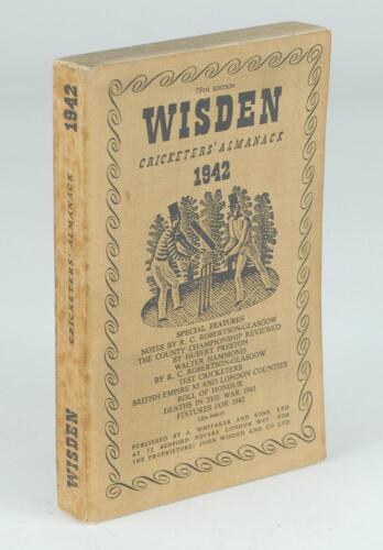 Wisden Cricketers&rsquo; Almanack 1942. 79th edition. Original limp cloth covers. Only 4100 paper copies printed in this war year. Minor foxing to spine paper, slight bump to top right hand corners, slight discolouration to covers and spine otherwise in good/ve