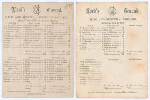 M.C.C. and Ground 1874 & 1878. Two early original scorecards for M.C.C. matches played at Lord’s. Matches are v. South of England 18th & 19th May 1874, complete printed scores. South (145 & 139) beat M.C.C. (131 & 60) by 93 runs. The other is for the matc