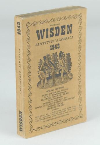 Wisden Cricketers&rsquo; Almanack 1943. 80th edition. Original limp cloth covers. Only 5600 paper copies printed in this war year. Minor wear to covers, fold to the rear cover corner, worn front internal hinge otherwise in good+ condition. Rare war-time edition