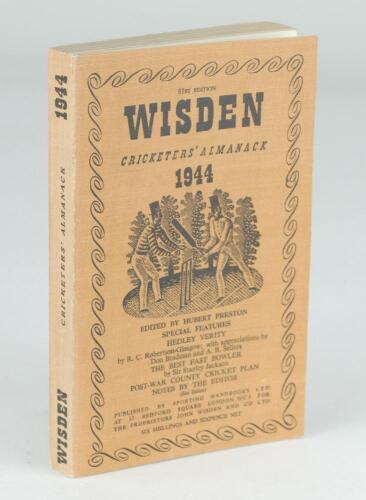 Wisden Cricketers&rsquo; Almanack 1944. 81st edition. Original limp cloth covers. Only 5600 paper copies printed in this war year. Name of ownership embossed to first advertising page, minor light fading to spine paper otherwise in very good condition. Rare wa