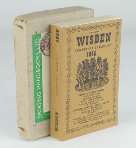 Wisden Cricketers&rsquo; Almanack 1946. 83rd edition. Original limp cloth covers. Good/ very good condition. The book presented in its original &lsquo;Sporting Handbooks Ltd&rsquo; postal box to a Mr Turner of Gt. Missenden