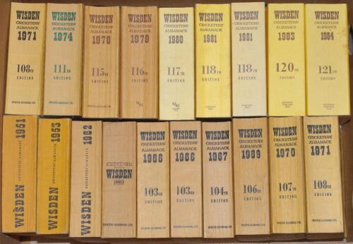 Wisden Cricketers&rsquo; Almanack 1951, 1953, 1962, 1963, 1966 (2), 1967, 1969, 1970, 1971 (2), 1974, 1978, 1979,1980, 1981 (2), 1983, 1984 (2), 1985, 1986 (3), 1987, 1989, 1995, 1996, 1999, 2000, 2004 and 2005. Original limp cloth covers. Slight bowing to a le