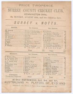 ‘Surrey v. Notts.’ 1878. Early original double sided scorecard with complete printed scores for the match played at Kennington Oval, 26th- 28th August 1878. In a low scoring match played on a rain affected wicket, Nottinghamshire elected to bat first and 