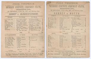 Surrey C.C.C. 1877. Two early original scorecards for Surrey matches played at Kennington Oval. One for the match v. Gloucestershire 7th & 8th June with complete printed and handwritten scores in ink. Surrey (110 & 160) lost to Gloucestershire (226 & 45/1