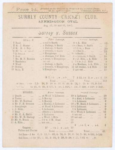 ‘Surrey v. Sussex’ 1887. Early original scorecard for the match played at Kennington Oval 29th- 31st August 1877. Complete printed scores. Surrey batted first reaching 118, Sussex then posted a first innings lead with 163. Surrey then scored 362 (K.J. Key