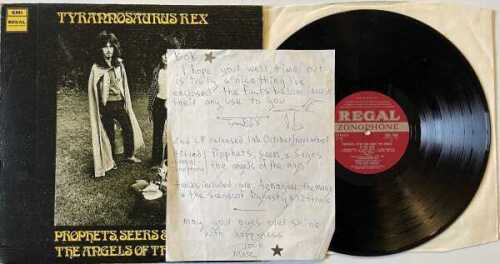 HANDWRITTEN MARC BOLAN LETTER PLUS TYRANNOSAURUS REX PROPHETS, SEERS & SAGES LP. Beautifully handwritten letter from Marc Bolan to our vendor (Bob) complete with silver stars and sketches along with a UK stereo 1st pressing of Prophets, Seers & Sages The 