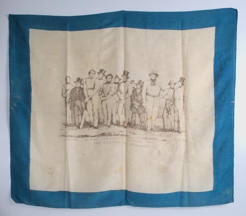 &lsquo;The Eleven of England&rsquo; 1847. Original early silk commemorative handkerchief depicting the England eleven of 1847, after the watercolour by Felix. The handkerchief with blue border portrays Sewell, Lillywhite, Pilch, Dorrington, O.C. Pell, N. Felix, Clark