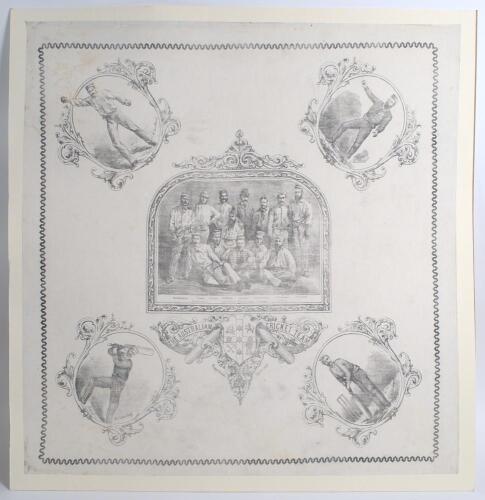 &lsquo;The Australian Cricket Team&rsquo; 1878. Very rare and early large cotton handkerchief commemorating Australia&rsquo;s inaugural first-class tour to England. Lithographed in grey, the centre panel set in elaborate frame depicts the twelve members of the Australian t