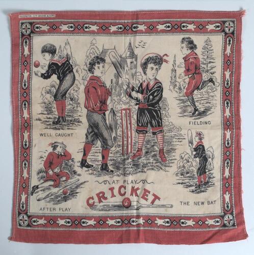 &lsquo;At Play, Cricket&rsquo;. Rare and attractive American cricket handkerchief, c.1870/80s, with delightful scenes of boys playing cricket. Cotton handkerchief with large printed image to centre of two boys playing the game holding bats at the wicket. Further imag