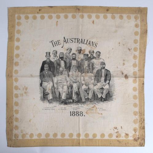 &lsquo;The Australians 1888&rsquo;. Rare printed silk handkerchief commemorating the 1888 Australian tour of England. The handkerchief with large central printed portrait in black of the team and Manager, with printed title to top and players&rsquo; names below, surrounded