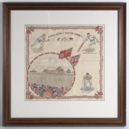 England v South Africa c.1907. Linen handkerchief produced to commemorate the South African tour to England. The colourful handkerchief titled &lsquo;England v South Africa&rsquo; with cricket scene, pavilion and large crowd to circular panel to left hand side with E
