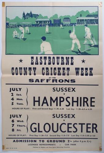 Sussex cricket posters. Five original advertising posters for the Eastbourne County Cricket Week, including two from 1955 for the matches v Hampshire and v Gloucestershire, one 20&rdquo;x30&rdquo;, the other 15&rdquo;x20&rdquo;, one for the 1956 matches v Derbyshire and v Hampsh