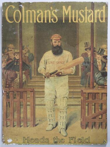 W.G. Grace. Later reproduction &lsquo;Colman&rsquo;s Mustard&rsquo; advertising poster/ show card of Grace walking down the steps of the pavilion going out to bat.