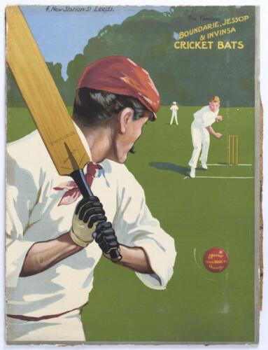 Frank Sugg Ltd. Lord Street, Liverpool 1906. Original advertising show card for Suggs&rsquo; &lsquo;The Famous Boundarie, Jessop & Invinsa Cricket Bats. The colour image depicts a close-up view of a batsman wielding a &lsquo;G.L. Jessop Boundarie&rsquo; bat, while facing a ball 