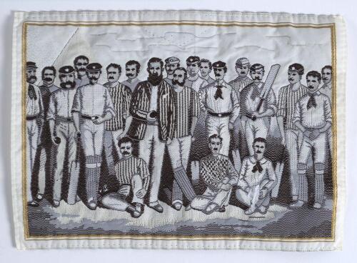 &lsquo;Famous English Cricketers 1880&rsquo;. Woven silk panel in the style of a Stevengraph of a design taken from an early lithograph by Willatt Grove of Nottingham for the &lsquo;Boy&rsquo;s Own Paper&rsquo;.
