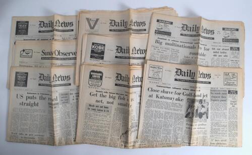 Sri Lanka inaugural Test v England 1982. Eight full copies of original English language newspapers published in Sri Lanka covering the one-day International series and the first Test match to be played by Sri Lanka. The one-off Test was played at Colombo,