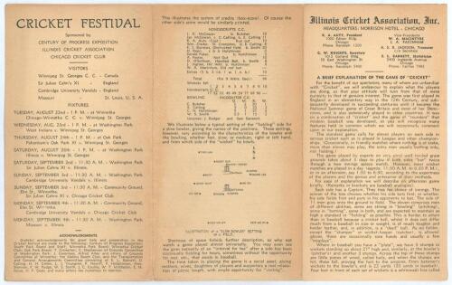 Illinois Cricket Association Festival 1933. Official folding fixture card for matches played from 22nd August to 4th September 1933 at grounds at Winnetka, Washington Park, Oak Park etc. Local teams, including Chicago C.C., Pakenham&rsquo;s Oak Park, Illinois e
