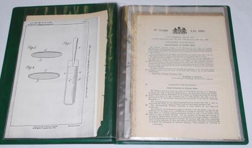 Original Patents. Cricket Bats 1885-1903 and Cricket Balls 1876-1898. Folder comprising twenty original printed &lsquo;Provisional Specification&rsquo; patent documents, all relating to the construction of cricket bats and balls, including blade protectors, handles, 