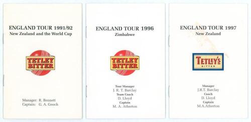 England tour itineraries 1991-1997. Three official players&rsquo; tour itinerary booklets for the tours to New Zealand and the World Cup 1991/92, Zimbabwe 1996 and New Zealand 1997. Player unknown. Good/ very good condition.