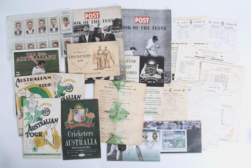 The Ashes 1934-2005. Red file comprising a selection of Ashes related ephemera. Includes two complete sets of fifty cigarette cards, John Player & Sons &lsquo;Cricketers 1934&rsquo; and &lsquo;Cricketers 1938&rsquo;, the latter in official album. Official &lsquo;Australian Cricket Tou