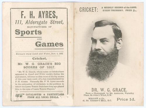 Dr. W.G. Grace. Gloucestershire C.C.C. Rare folding penny card written by Albert Craig, (Surrey Poet) and published by Wright & Co., London 1888. Some adhesive marks to verso, otherwise in good/ very good condition. Sold with a small bookplate photograph 