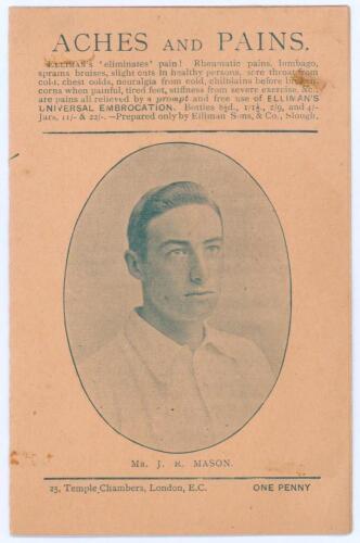 &lsquo;Mr J.R. Mason&rsquo;. 1897. Kent C.C.C. Folding penny card assumed to have been written by A.C. Albert Craig &lsquo;Cricket Poet and Rhymester&rsquo;. Published at 25, Temple Chambers, London, publisher unknown. Advertising to front and rear, with advertisement to inside 