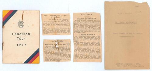 John Tanner Neve. M.C.C. 1936. Official player&rsquo;s itinerary booklet for the M.C.C. tour of Canada in 1937. The small booklet with M.C.C. colours and title to front, inside with list of players including Neve, this being his copy, fixtures and tour itinerar