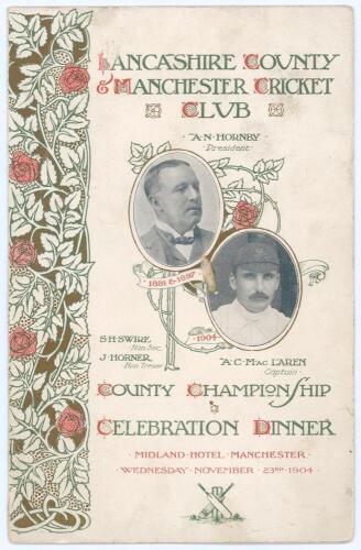 &lsquo;Lancashire County & Manchester Cricket Club County Championship Celebration Dinner&rsquo; 1904. Rare official four page menu for the dinner held at the Midland Hotel, Manchester, 23rd November 1904. The menu with ornate decorative covers printed in gold, green