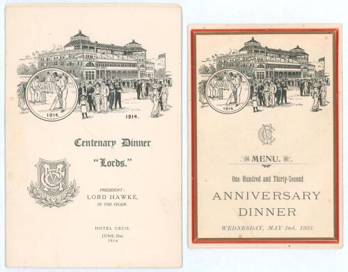 &lsquo;Lord&rsquo;s Centenary Dinner 1914&rsquo;. Large official menu for the Dinner held at the Hotel Cecil on Tuesday 23rd June 1914. Centre pages detached, lacking the original ribbon tie. Sold with the original printed table plan. Also an official folding menu for the 