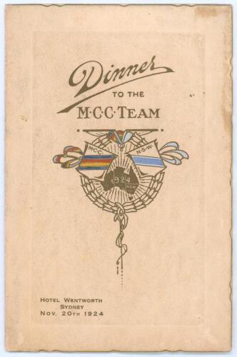 M.C.C. tour of Australia 1924/25. &lsquo;Dinner to the M.C.C. Team&rsquo;. Small and ornate folding menu for the Dinner given for the M.C.C. touring party to Australia held on the 20th November 1924 at the Hotel Wentworth, Sydney. The menu with printed title and embl
