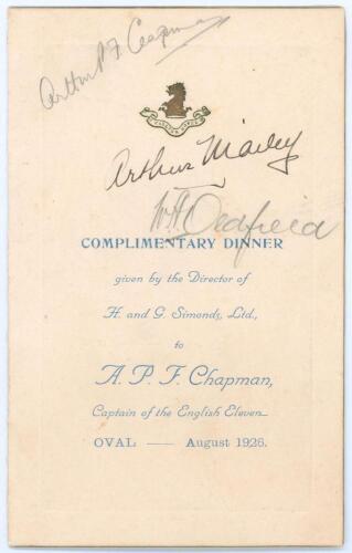 The Ashes. England v Australia 1926. Original folding menu for the &lsquo;Complimentary Dinner given by the Director of H. and G. Simonds, Ltd., to A.P.F. Chapman, Captain of the England Eleven&rsquo;, held at the Carlton Restaurant, London 18th August 1926. The menu