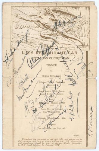 Australian tour of England 1930. &lsquo;L.M.S. [London, Midland and Scottish Railway] Restaurant Car Australian Cricket Team Dinner&rsquo; menu dated 16th May 1930. The menu with attractive illustration of an angel to the top, menu below, wine list to centre pages, a