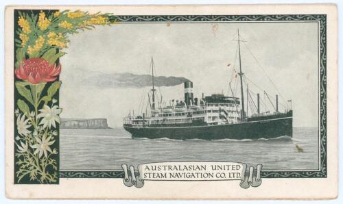 Alan Kippax Cricket Team tour of Queensland 1931. &lsquo;A.U.S.N. [Australian Union Steam Navigation Company] Line&rsquo; official folding dinner menu on board the S.S. Ormiston, dated Sunday, 22nd March 1931. The menu with mono image of the ship with ornate colour f
