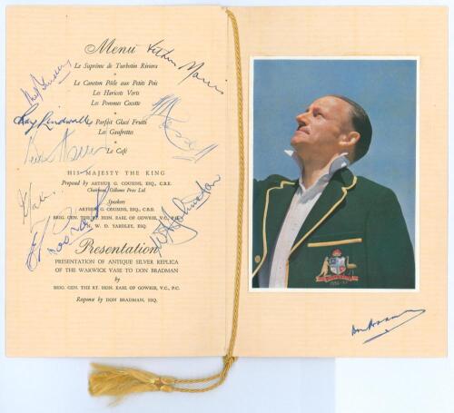 Don Bradman. Official menu for &lsquo;A Luncheon and Presentation to Don Bradman&rsquo;. Savoy Hotel, London. September 20th 1948. Folding menu for the Luncheon given by &lsquo;The People&rsquo; newspaper. The menu with gold tassel, title to front cover and colour &lsquo;Australia 194
