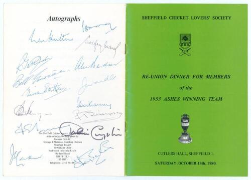 England 1953 Ashes winning team. Official menu booklet for the Sheffield Cricket Lovers&rsquo; Society &lsquo;Reunion Dinner for Members of the 1953 Ashes Winning Team&rsquo;. Held at Cutlers Hall, Sheffield, 18th October 1980. Signed to rear cover autograph page by fiftee